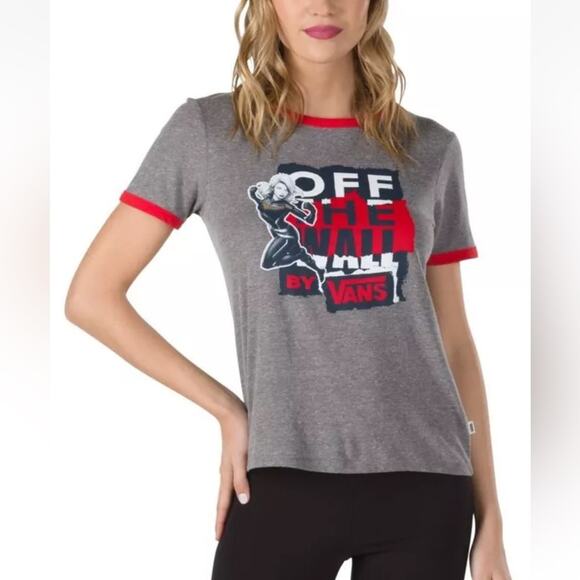 Vans Off The Wall Women's X Captain Marvel Ringer Tee‎ Shirt in Grey Racing Red - Picture 1 of 9
